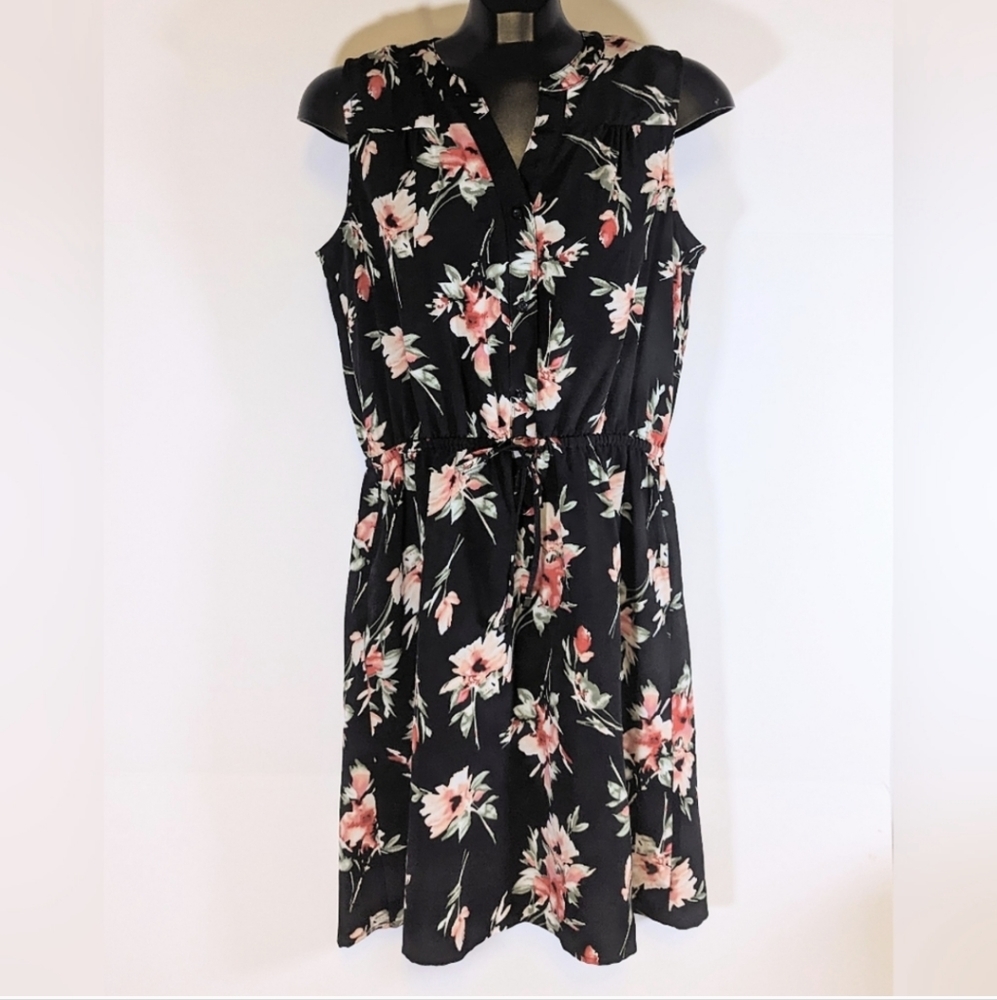 Catherine Malandrino Sleeveless Button Up Drawstring Waist Floral Dress Size M